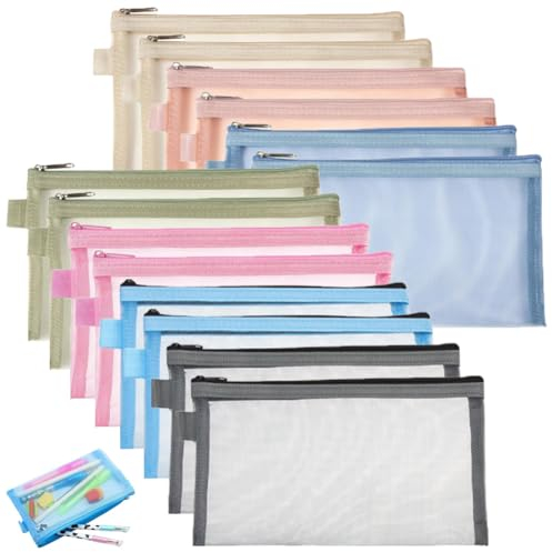14 Stück Federmäppchen A6 Mäppchen Zip Mesh Beutel Reißverschluss Tasche Stifttasche Aufbewahrungstasche für Schreibwaren Kosmetik Bürobedarf 7 Farbe