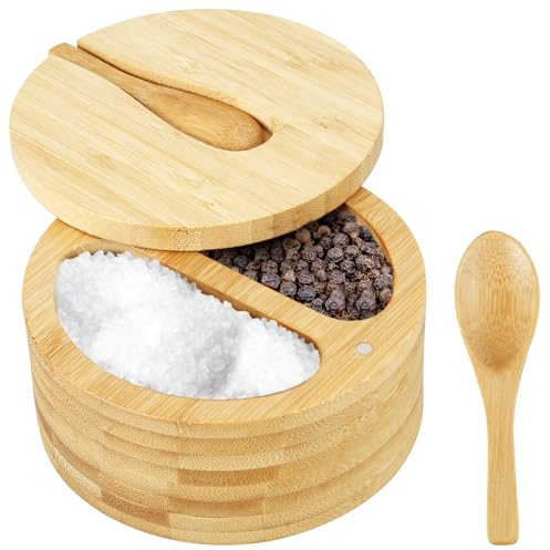 Salt and Pepper Bowls Bamboo Pepper Salt Cellar with Swivel Lid & Mini Spoon 2 Compartments Salt and Pepper Storage Box Multipurpose Seasoning Container for Spice (1PCS)