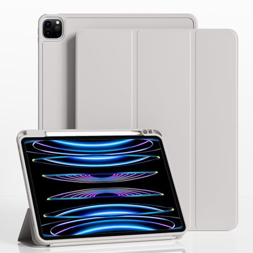 ZKTUYU Hülle für iPad Pro 11 4./ 3./ 2./1. Generation 2022/2021/2020/2018, Hülle für iPad Pro 11 mit Stifthalter, Kann Pencil 2 Aufladen, Weiche Silikonhülle, Auto Schlafen/Wachen, Grau