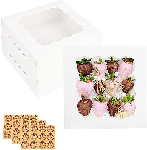 30 Pack White Bakery Boxes 8x8x2.5 Inches with Window, 8 inch Donuts Pie Boxes, Strawberries Boxes Packaging, Cookie Treat Boxes, Cake Boxes,Pastry Boxes with Stickers for Desserts Party Favor
