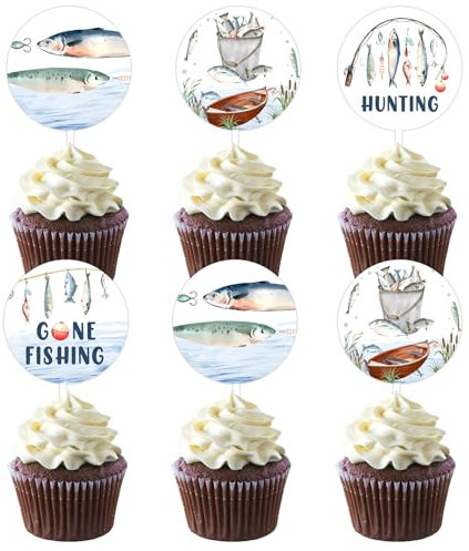 Fangleland 36 Pieces Fishing Cupcake Toppers - Fishing Birthday Cake Decorations, Boy’s Hunting Fishing Birthday Cake Decors, Gone Fishing Themed Baby Shower Gender Reveal Party Supplies