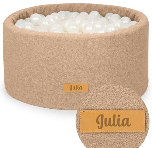 Flumi Personalisierte Bällebad Baby ab 1 Jahr - Bällepool Kinder 90x40cm mit 200 Bällebad Bälle ∅ 7cm in EU hergestellt - Oeko-TEX und CE-Zertifiziert - (Dunkelbeige Teddy)