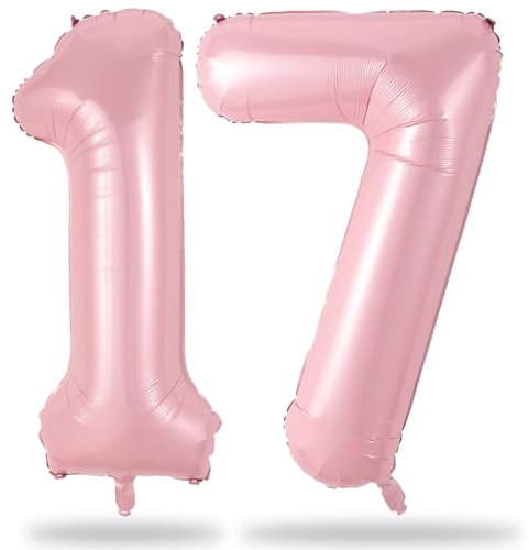 Large Light Pink 17 Balloon, Foil Number 1 & 7 Helium Balloons, 40 Inch Mylar Self Inflating Number 17 Balloon Pastel Pink for Girls 17th Birthday Party Decor Women Anniversary Decorations Supplies