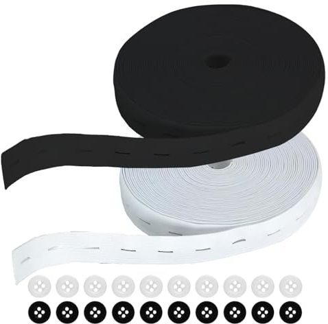 Kit de Costura Elástica - Banda Elástica de 14 m con Ojales y 20 Botones de Resina (20 mm Blanco+Negro) - Accesorios Versátiles para Extensión de Cintura y Proyectos de Costura