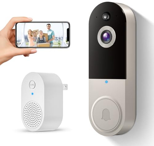 SUNNYJANE Wireless 1080p Video Doorbell Camera, AI Human Detection, Live View, 2-Way Audio Included Chime, Night Vision, 2.4G Wi-Fi, Cloud Storage, Indoor/Outdoor Surveillance Cam (Linen)