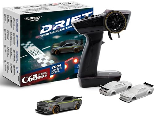 FLYCOLOR Turbo Racing 1:76 Skala Drift RC Auto mit Gyro Mini Full Proportional RTR 2.4GHZ Fernbedienung mit 2 austauschbarer Karosserieschale (C65-GRAU)