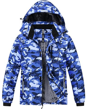 MoFiz Veste de Ski Garçon Hiver Chaud Blouson de Randonnée Imperméable en Polaire Coupe-Vent Neige Enfant Sport Manteau avec Capuche Amovible Camouflage Bleu L(13-16 ans)