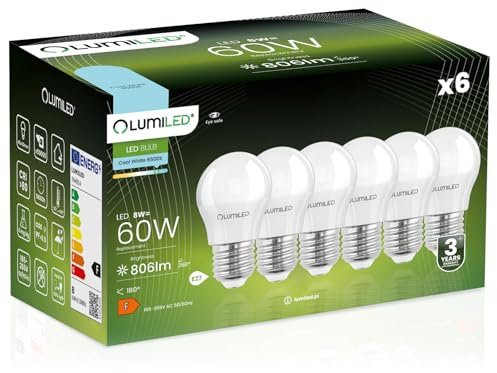 Lumiled LED Lampen E27 P45 8W ersetzt (60W Glühlampe) 6 Stück Set 806lm 6500K kaltweiß 180 Grad Lichtwinkel 230V Glühbirne Birne Leuchtmittel Kugelform Kugel Energiesparlampe