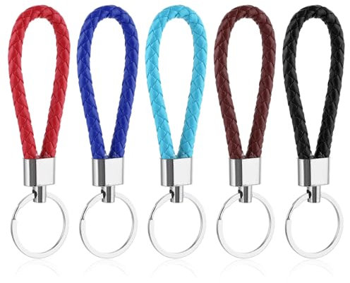 5 Pcs Braided Leather Keychain Colorful Key Fob Simple Car Keychain Ring Woven Strap Key Chain for Men and Women Key Ring Bracelet for Car Key Purse Bag