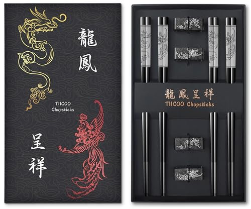Baguettes en Métal Réutilisables Bgauettes en 18/8 Acier Inoxydable Chine Dragon et Phoenix Baguettes avec Support Chine Traditionnelle Mode Cadeau Set (4 paires) (Noir)
