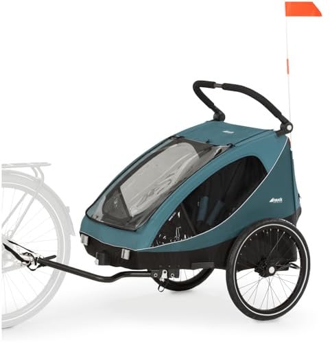 hauck 2in1 Fahrradanhänger & Buggy für 2 Kinder ab 6 Monaten bis 120 cm oder 22 kg Dryk Duo inkl. Deichsel, Kupplung, Buggyrad, Wimpel & Rücklicht, Zusammenklappbar, XL Kofferraum (Ocean Green)