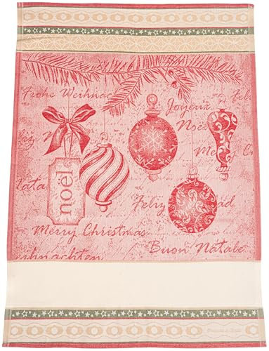 Filet - Weihnachtsgeschirrtuch aus Reiner Jaquard-Baumwolle, Größe 81 x 57 cm, mit Aida Canvas-Einsatz zum Besticken, Weihnachtskugeln und Grüße Motiv, Farbe Rot, schöne Geschenkidee, Made in Italy