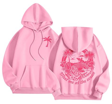 Pink Pom Puff Hoodie Cute Pink Graphic Hoodies for Teen Girls Preppy Sweatshirt Loose Fit Casual Long Sleeve Hooded Pullover Tops with Pockets UK