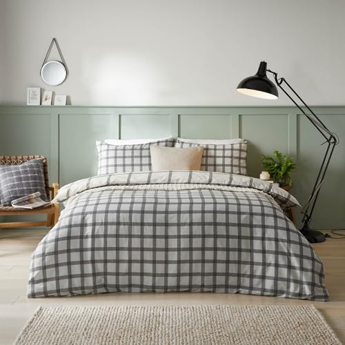 furn. Canberra Check Printed Duvet Cover Set - Reversible Minimalist Square Check Bedding (Neutral - Double), Gray