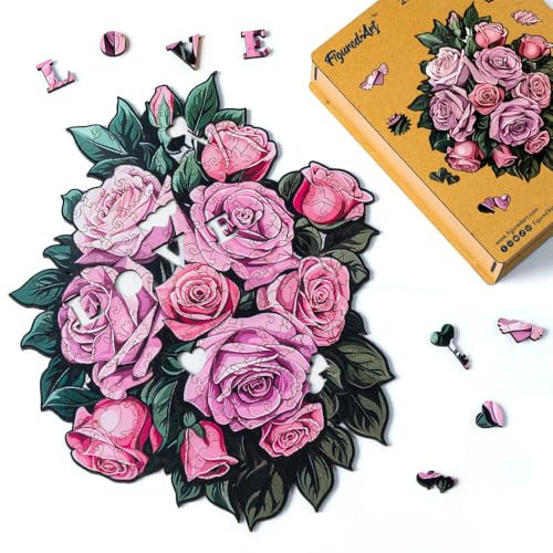 Figured'Art Holzpuzzle Erwachsene und Kinder 200 Teile - Rosa Rosenstrauß - Originelles Design 29x34,8 cm Einzigartige Form mit Premium-Holzkiste