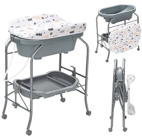 DREAMADE Baignoire Bebe avec Support Pliable,Baignoire Bébé sur Pied avec Table à Langer,4 Roues Universelles Verrouillables,Charge 35 KG (Gris Foncé)