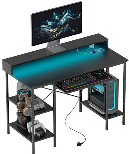HOMCOM Computer Desk with LED Lights and Power Outlets, 120 x 55 cm Gaming Desk with Monitor Stand, Sliding Keyboard Tray and Storage Shelves for Home Office, Black
