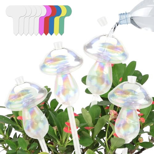 KXVXXV Bewässerungskugeln Wasserspender Pflanzen Bewässerung Zimmerpflanzen 4 Stück Glas Bunte Selbstbewässerung mit 10 Pflanzenetiketten für Garten, Balkon, Topfpflanzen, Blumen