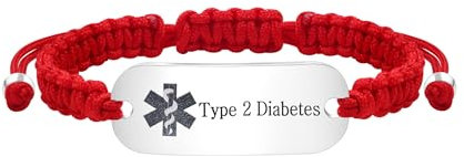 JunyiDIY Typ 2 Diabetes Medizinisches ID-Armband, Rotes Geflochtenes Senioren Gesundheitsalarmband für Ältere, Personalisierte Diabetes Identifikationsarmband YS5833