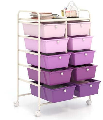 GiantexUK 10 Drawers Storage Cart, Mobile Rolling Storage Trolley with 4 Lockable Wheels & Handles, Utility Shelving Organizer Unit for Home Office Salon Beauty Make up (Gradient Purple)