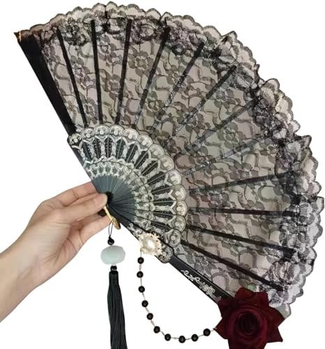 Foldable Lace Fan Handheld Delicate Hollowed Flower Fans, Spanish Style Folding Fan Retro Rose Flower Lace Fan With Pendant,Pearls Chain, Vintage Folding Fan Use Embossed and Bronzing Craft (1, Black)