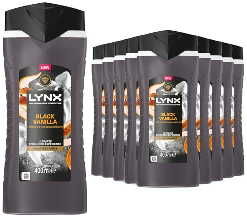 Lynx Fine Fragrance Collection Body Wash for Men Black Vanilla, Pack of 12, Premium Shower Gel Infused with Essential Oils That Gives You 12 Hours of Freshness, 400 ml