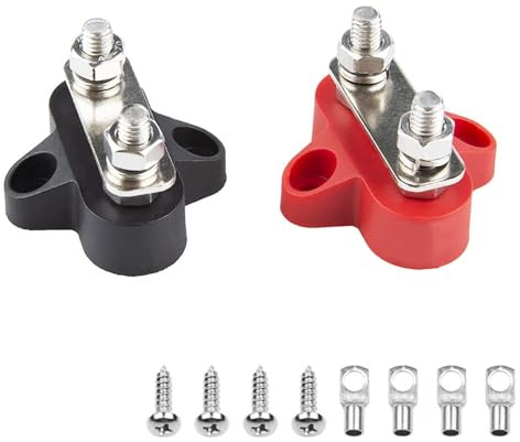 Zodazoqa 2 pcs Bus Bar Terminal Block Power Stud Insulated Battery Junction Post Terminal Block Set M8 Dual Studs w/Bus Bar, Max 48V DC 80 Amp for Auto Car Marine Boat, Red & Black Set