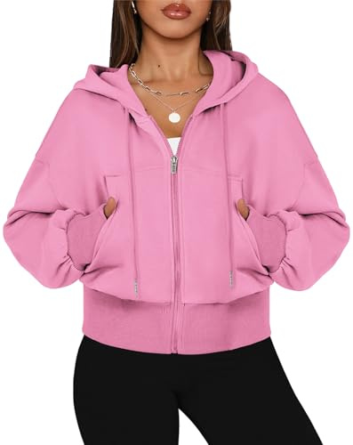 OLIPHEE Sweats à Capuche Femme Veste Courte avec Fermeture Éclair Grandes Poches Veste à Capuche Femme Couleur Unie Manteau Zippé Casual Y2k Automne Hiver