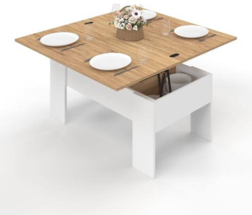 IDMarket - Rechteckiger Couchtisch mit hochklappbarer Platte, umwandelbar in einen Esstisch Tara Holz weiß und Buchenholzimitat