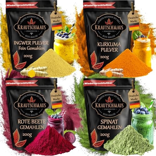 je 200g Rote Beete Pulver, Spinatpulver, Kurkumapulver, Ingwerpulver Smoothies Starter Set, Krautschmaus, für Milkshakes, Joghurts, getrocknet, gemahlen, intensive Farbe, natürliche Lebensmittelfarbe