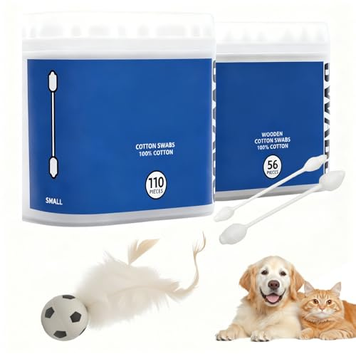 Ohrenreiniger Katze & Ohrenreiniger Hund Set- Weiche Ohrstäbchen aus Baumwolle für Ohren Reinigung, Ohrenschmalz Entferner Ohrenpflege Hund Katze 222 Stück Wattestäbchen Lang mit Spielzeug Fußball