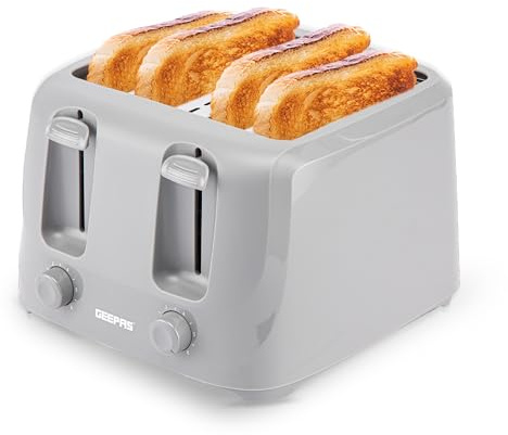 GEEPAS 4 Slice Toaster | 6 Browning Levels with Cancel Function | For Thin Small Bread Slice | 2 Independent Controls 2 Removable Crumb Trays Cool Touch High Lift | 1400W Grey (Renewed)
