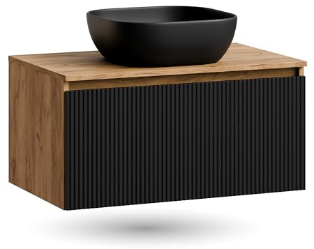 Planetmöbel Arisa Waschtisch mit Unterschrank 80 cm Gold Eiche | schwarz, (geriffelt), Waschbecken 42 cm schwarz, Raumsparsiphon
