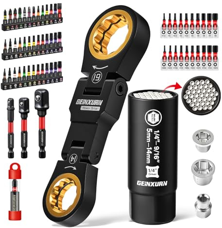 GEINXURN 68PCS Metric (10-19mm) Flex-Head Mini Ratcheting Wrench Set, 72-Tooth Double Box End Combination Wrench Screwdriver Bits Set with 1/4 Universal Socket for Computer, Auto & Bicycle Repair
