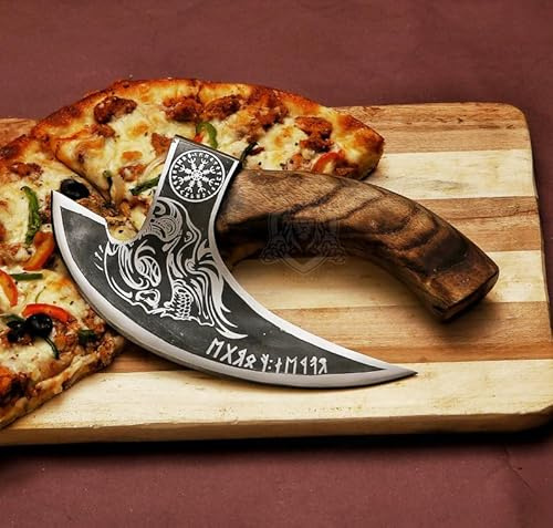 Viking Skull Pizza Cutter Axe with Leather Sheath - Carbon Steel Axe Blade with Wood Handle - Viking Style Pizza Cutter Skull Design - Best for Him and Her