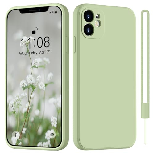 HGH für iPhone 12 Hülle Silikon mit Lanyard, Handyhülle für iPhone 12 Case Ultra Dünne Rundumschutz mit Weichem Microfiber-Innenfutter Stoßfeste Kratzfest Hülle 6.1 Matcha-Grün
