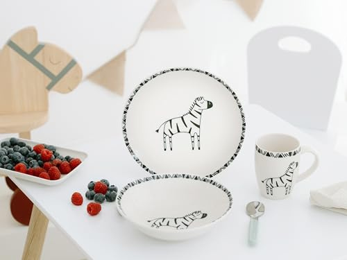 CreaTable, 25054, Serie Safari, 3-teiliges Geschirrset für 1 Personen, Kinderservice aus Steinzeug, spülmaschinen- und mikrowellengeeignet, Qualitätsproduktion