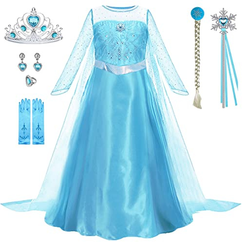 LiUiMiY Deguisement Robe Princesse, Costume Enfant Fille d’halloween Carnaval Cosplay Anniversaire Fête avec Gants Baguette magique Tresse Couronne, Bleu,98-104 (étiquette 100)