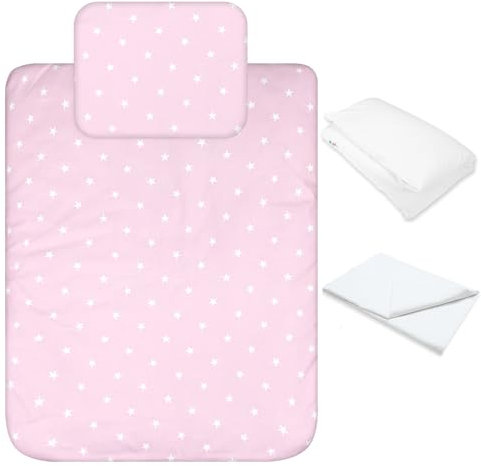 Babysanity Lenzuola Next To Me Compatibili 4 pezzi: Federa Cuscino, Piumino, Copripiumino, Lenzuolo Angoli per Culla Lettino Neonato - Chicco Kinderkraft Cam Brevi OEKO-TEX4 PEZZI STELLINA ROSA