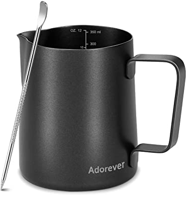 Pichet à mousse de lait 350 ml en acier inoxydable pour lait, café, cappuccino, latte art, barista, pichet à vapeur avec stylo décoratif, noir mat