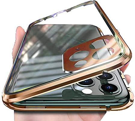 Hkess Hülle für iPhone 11 Pro Max Cover Magnetische Metallrahmen Case Camera Lens Protector Transparent Gehärtetes Glas Schutzhülle 360 Grad Handyhülle Kratzfest [Eingebautem Kamera Schutzfolie],Gold