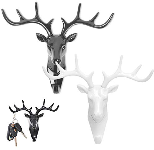 Qixuer 2 Stücke Geweihe Selbstklebend Schlüsselhaken Nicht Markierendes Hochwertig Hirsch Harz Kleiderhaken Wandhaken Handtuchhaken Wand für Schlafzimmer Küche （2 Farben）