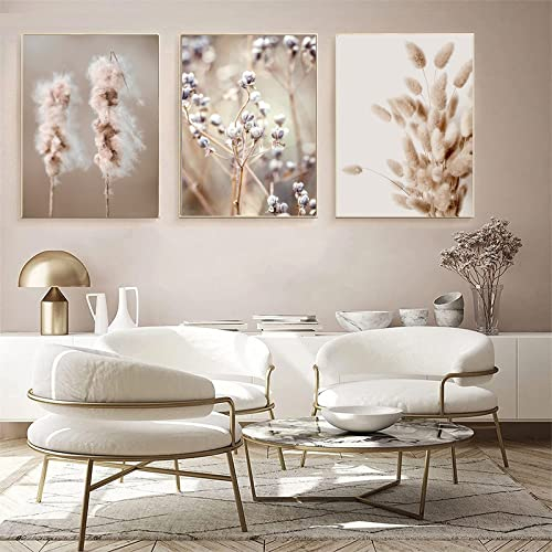 SWECOMZE 3Pc Design-Poster Set, Wandbilder Leinwandbilder Getrocknete Blumen Schilfblume Wanddeko,Ohne Rahmen,Vintage Bilder Wohnzimmer Deko (50x70cm)