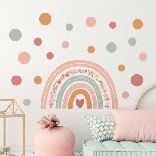 Tanlaby Großer Regenbogen Wandtattoo Boho Punkte Wandsticker Rosa Blume Wandaufkleber für Mädchen Frauen Babyzimmer Wohnzimmer Schlafzimmer Kinderzimmer Hause Wanddekoration