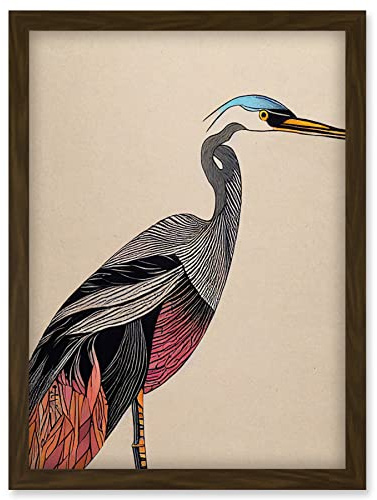 Doppelganger33 LTD Abstract Heron Bird Illustration Coral And Teal Hue Illustration Artwork Framed Wall Art Print A4