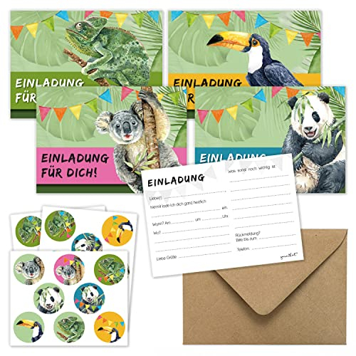 younikat 12 Einladungskarten Set zum Kindergeburtstag mit Umschlägen - Dschungel-Tiere Einladungen neutral für Jungen und Mädchen mit 24 passenden Aufklebern - dv1165