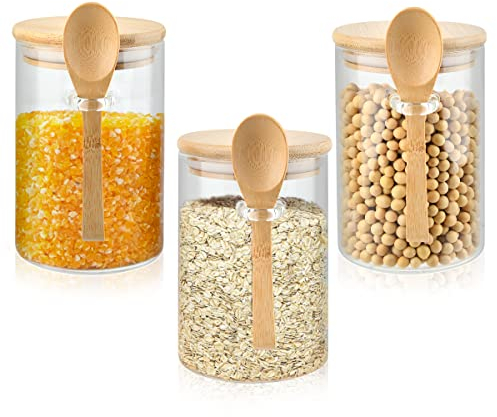 HOMTOO Glass Food Container with Airtight Lid and Spoon, Glass Storage Jars, Clear Food Storage Container Jar with Sealing Lid for Flour Cereal Rice Sugar Tea Coffee Beans, Set of 3, 450ml