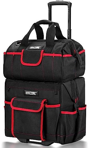 HAUTMEC 2-Piece Rolling Tool Bag Set, 15” Heavy-Duty Tool Bag with Wheels & 15 Wide Mouth Utility Bag, 1680D Water-Resistant Durable Tool Storage – HT0288