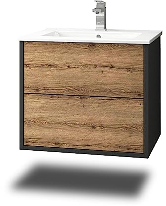 Stil.Zeit Evelia Badmöbel inkl. Waschbecken | Waschtisch mit Unterschrank 60.5 cm | Anthrazit/Dekor Eiche Sonoma| Push-to-Open/hängend