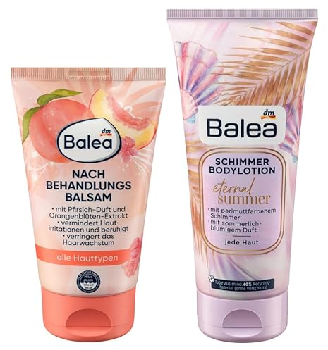 Balea 2er-Set Hautpflege: NACHBEHANDLUNGSBALSAM pflegt & beruhigt beanspruchte Haut nach der Haarentfernung (150 ml) + Schimmerlotion Bodylotion SUMMER SUNSET Lotion Glitzer Schimmer (200 ml), 350 ml